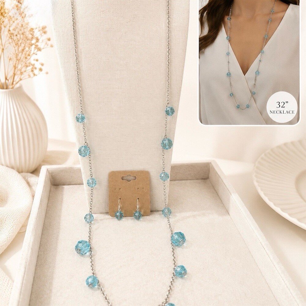 Cute Necklace Earrings Set Blue Faceted Bead Station 32 in Drop light gift